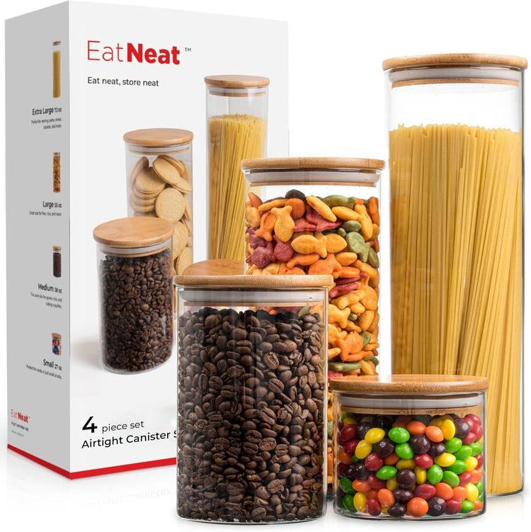 EatNeat 4‑Piece Glass Canister Set with Airtight Bamboo Lids – Giftable Kitchen Storage – Tall Jar Fits Spaghetti – 74/56/36/20 oz for Pantry, Dry Goods, Coffee, Snacks & More