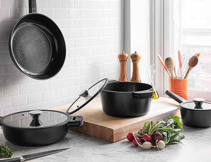 Zavor Noir 7 Piece Cookware Set - Premium Cast Aluminum with Titanium-based Nonstick Ceramic Coating & Detachable Handles - Ultra Lightweight - Induction Ready, Oven Safe & Dishwasher Safe (ZCWNR22)