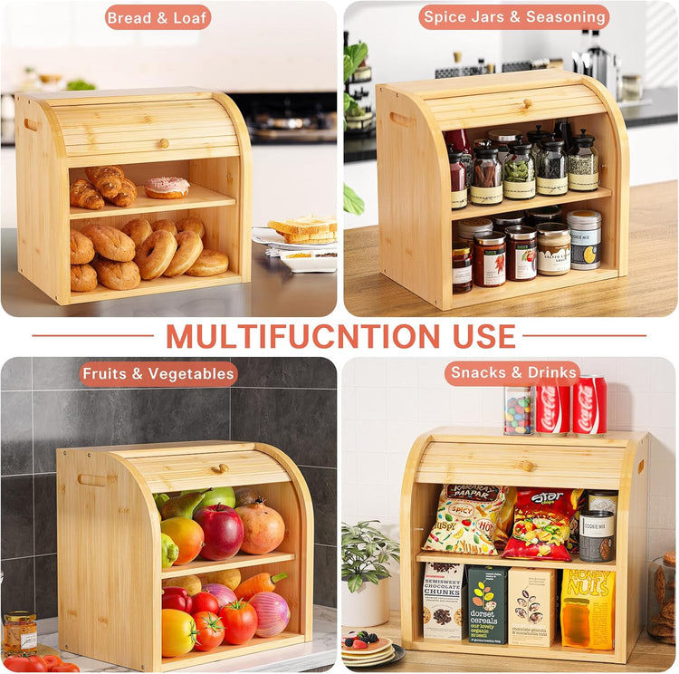 G.a HOMEFAVOR Roll Top Bread Box for Kitchen Counter, Large 2-Tier Bamboo Bread Storage Container, Bread Holder Food Bin for Countertop, Self-Assembly