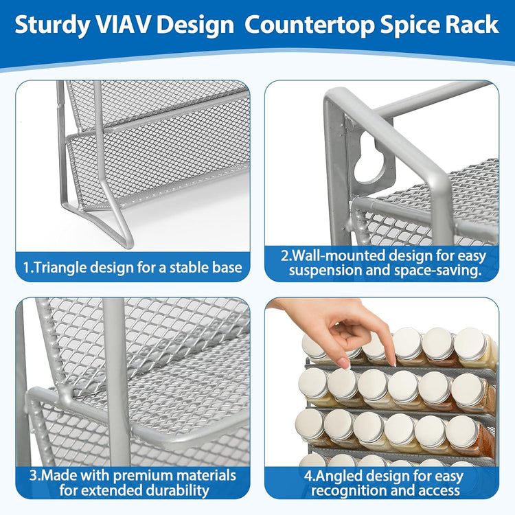 1PCS 4Tier Spice Rack for Counter Free Standing,Spice Rack for Inside Cupboard Hanging Wall Mounted Spice Seasoning Organiser Spice Jars Bottle Organizer for Kitchen Pantry(Silver)