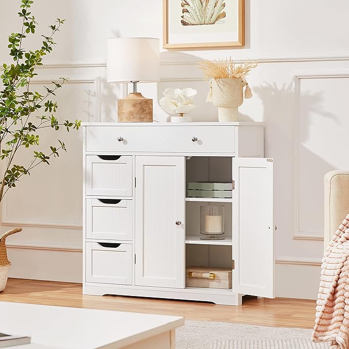 Yaheetech Bathroom Floor Cabinet, Large Storage Space Wooden Organizer with 1 Big Drawer, 3 Small Drawers & 2 Doors, Free-Standing Cupboard for Kitchen/Living Room/Bathroom Use, White