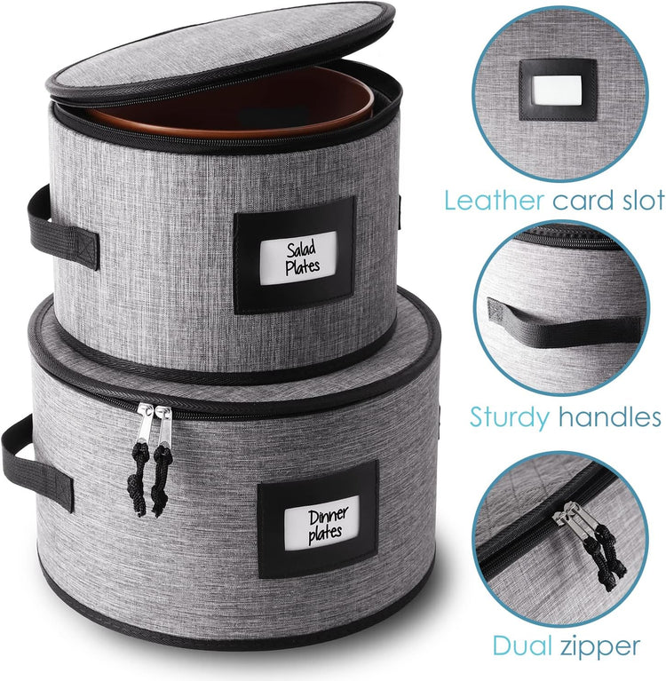 Hearth & Harbor Fine China Storage Containers, 6 Piece Dish Storage Containers, Stackable Plate Storage, Coffee Mug Storage and Wine Glass Storage Box with Dividers, Quilted Dish Organizers, Grey