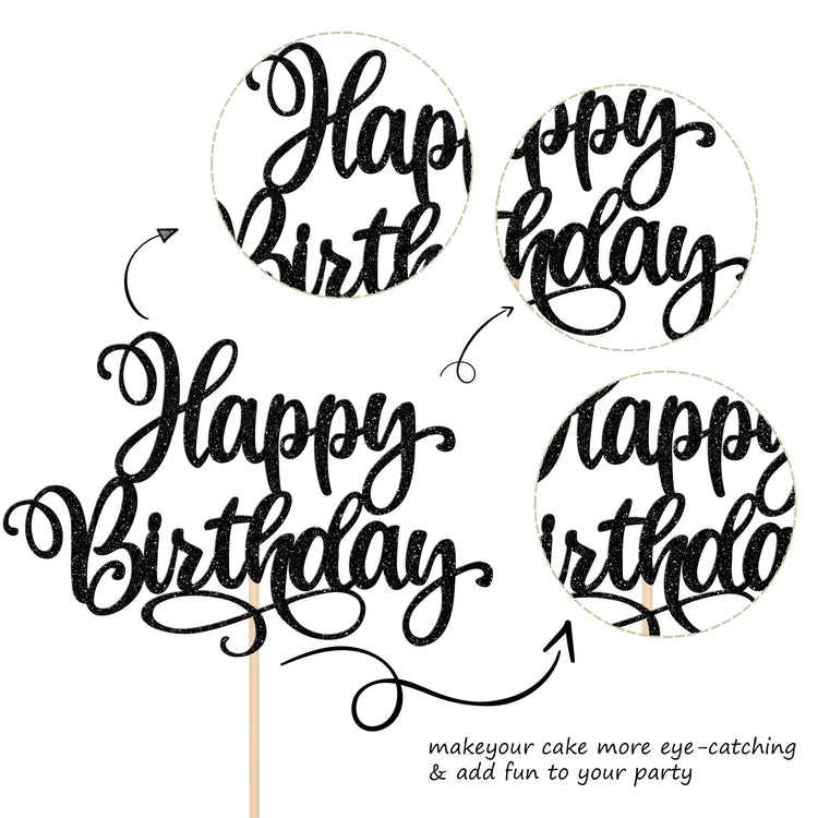 1 PCS Happy Birthday Cake Topper Glitter Happy Birthday Cake Pick Bunting Decor for Anniversary Celebrating Happy Birthday Party Cake Decorations Supplies Black