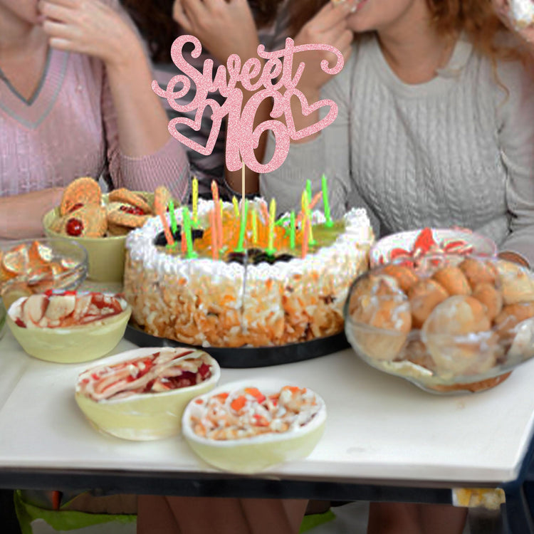 1Pc Sweet Teenager 16 Cake Topper Glitter 16th Birthday Cake Pick for Cheers to 16 Years Old 16th Birthday Party Cake Decorations Supplies Pink