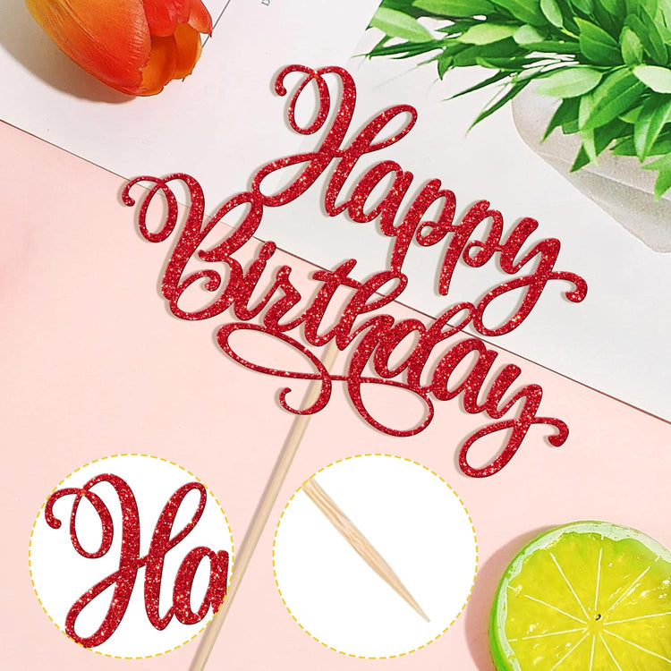 1 PCS Happy Birthday Cake Topper Glitter Happy Birthday Cake Pick Bunting Decor for Anniversary Celebrating Happy Birthday Party Cake Decorations Supplies Red