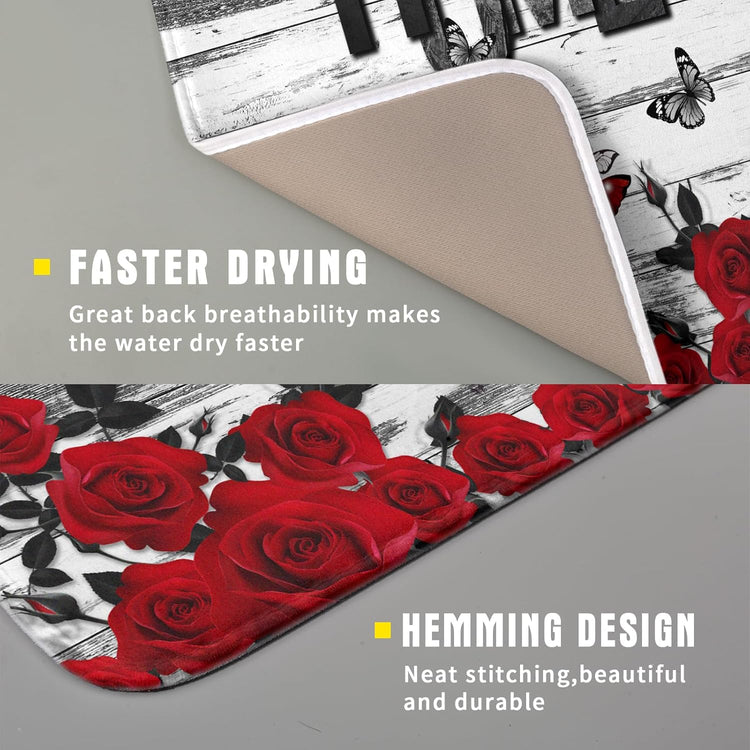 Red Rose Dish Drying Mat 16x18 inch Romantic Floral Absorbent Microfiber Sink Counter Dishware Drainer Pad for Kitchen Coffee Bar Decor