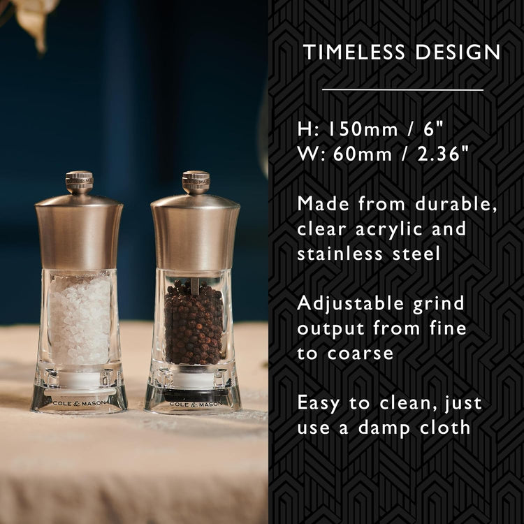 Cole & Mason Bromley Salt Mill, 6" - Salt Grinder with Ultra-Sharp Grinding Mechanism - Flavor-Enhancing Salt Shaker - Refillable Mill with Adjustable Grinding - Acrylic, Salt Mill