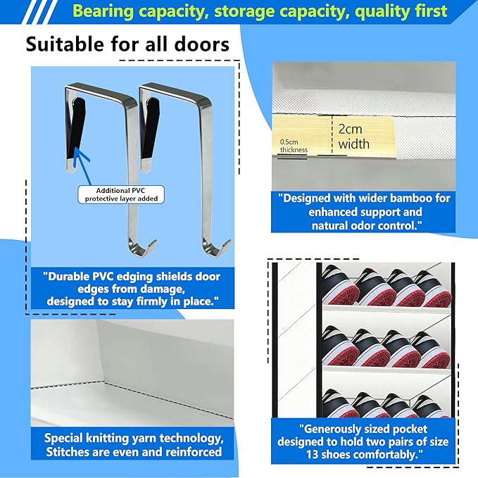Over The Door Shoe Organizer, 70 Pounds Large Capacity, white shoe rack,20-30-Pair shoe organizer, Heavy Duty-Extra Deep Pockets ,Anti-Scratch Hooks & FSC-Certified Bamboo ,for Men’s Size 13 shoe