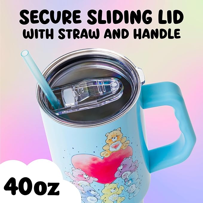 Silver Buffalo Care Bears Watercolor Featuring Tenderheart, Cheer, Grumpy, Funshine, Bedtime, Share Bear Double Walled Stainless Steel Tumbler w Handle & Straw, Fits in Standard Cup Holder, 40 Ounces