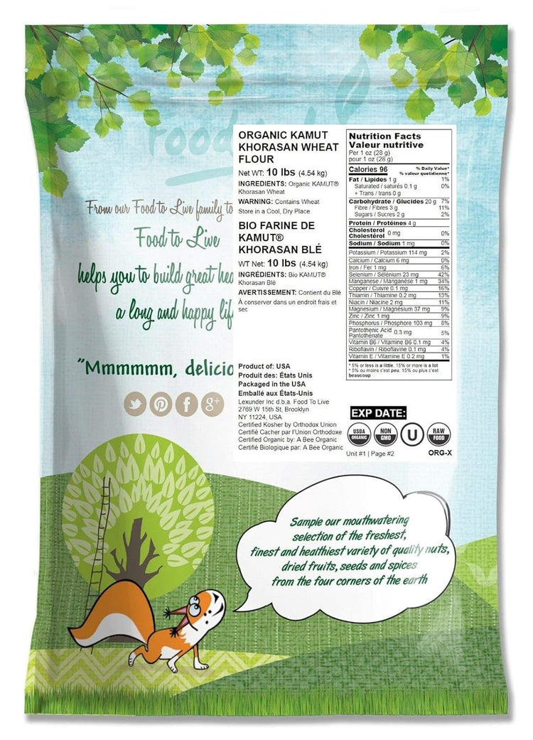 Food to Live Organic KAMUT Khorasan Wheat Flour, 10 Pounds Stone Ground Powder, 100% Whole Grain Meal, Non-GMO, Kosher, Bulk - Nestoria