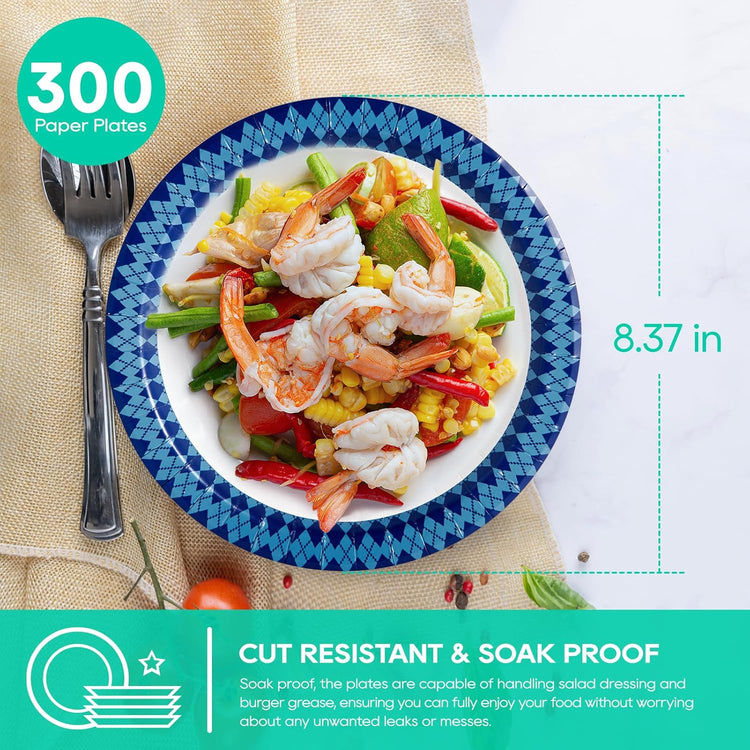 JOLLY PARTY 8.37 inch Disposable Paper Plates, 300 Count Dinner Plates, Soak Proof, Cut Proof for Everyday Use, Navy Diamond Pattern Rim Design