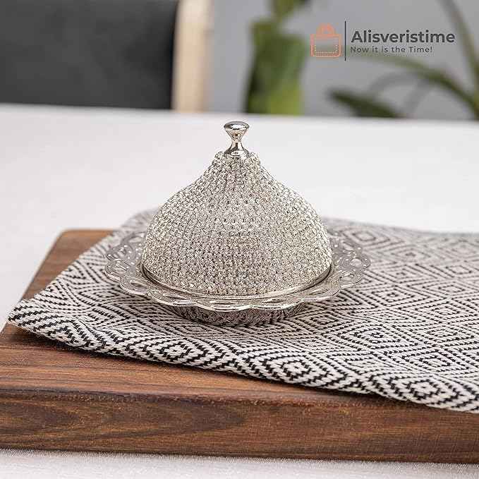Alisveristime Crystal Embellished Turkish Coffee Set – 27 Pieces – Decorative Zamac Espresso Cups, Saucers and Sugar Bowl with Tray – Available in Three Color Variations (Silver)