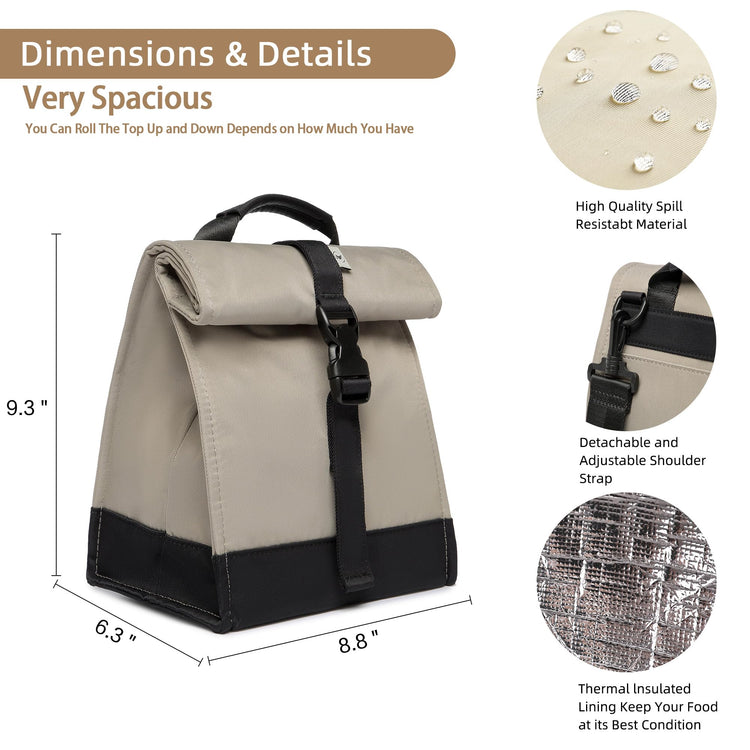 Insulated Lunch Bag Rolltop Lunch Box Tote Bag for Women
