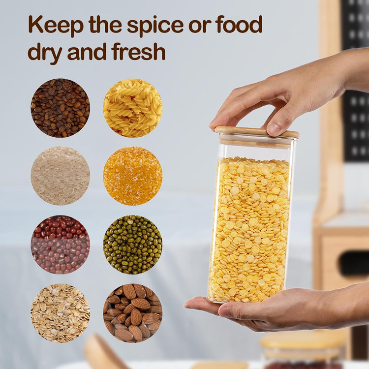 52oz Airtight Glass Square Storage Canister with Bamboo Lid Set of 3 (1550ml) Container Stackable Spice Jar, Kitchen Canister for Flour, Cookies, Cereal and Coffee beans (with Black Lable)
