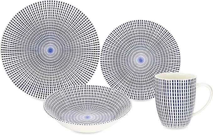 Tudor Royal Collection 12-Piece Round Dinnerware Set, Service for 4, Singapore Design, Blue Spiral, Plates Bowls Dishes, High-Gloss Premium Quality