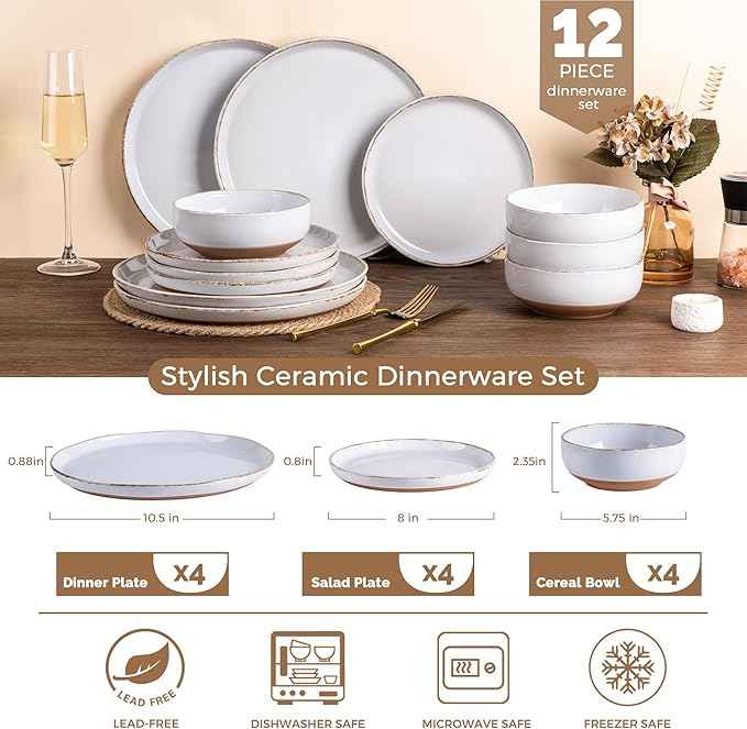 AmorArc Ceramic Dinnerware Sets for 4, 12 Pieces Handpainted Plates and Bowls Set with Rustic Terracotta Underside, Scratch Resistant Stoneware Dishes Set, Dishwasher & Microwave Safe, White