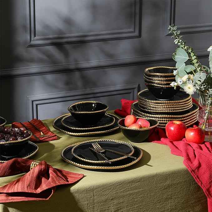 Christian Siriano Akoya Porcelain Dinnerware Set, 12-Piece - Dish Set for 4, Plates and Bowls Set, Black and Gold