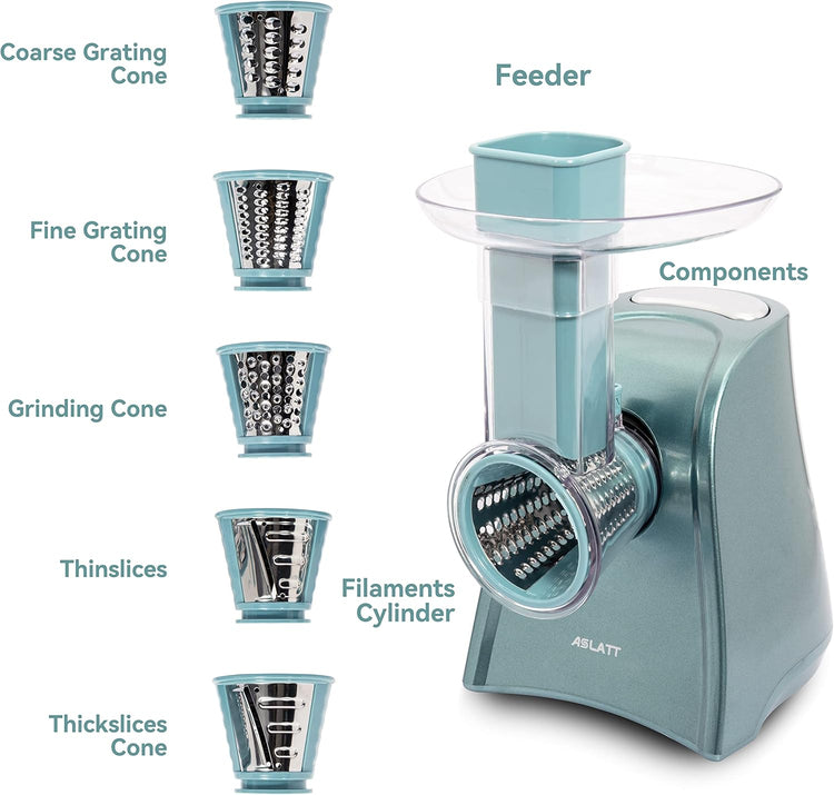 One-Touch Control Cheese Grater Machine - Electric Shredder for Vegetables, Fruits, Potato - Salad Maker with 5 Free Attachments, Green