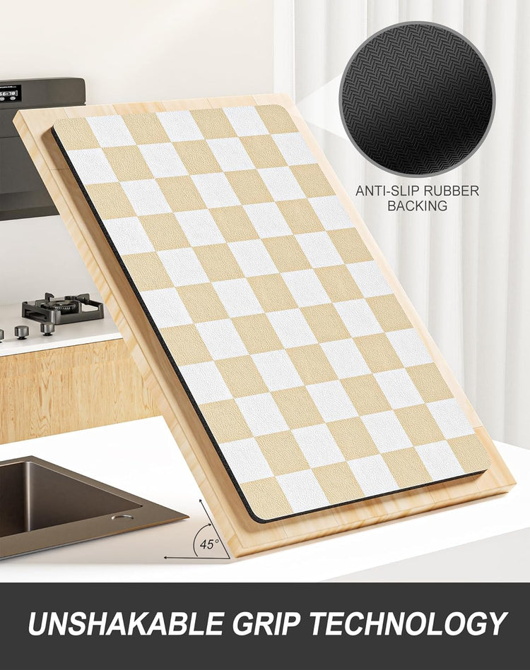 Rnivvi Dish Drying Mat for Kitchen Counter, 12 x 19" Cute Checkered Absorbent Draining Pad, Non-Slip Heat Resistant Coffee Bar Mats for Coffee Machine Station Accessories, Beige White Dish Rack Pad