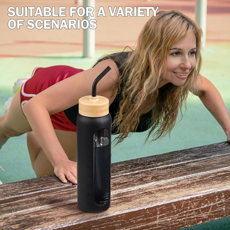 32oz Glass Water Bottle with Straw and 2 Lids- Bamboo Straw and Spout Lid with Phone Holder for Gym, Glass Drinking Bottles with Silicone Sleeve and Motivational Time Marker, Black