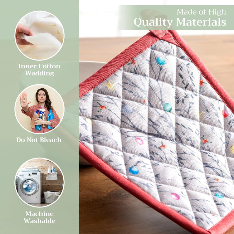 Maison d' Hermine Pot Holders 100% Cotton Heat Resistant Potholders 8" x 8" Hot Pads with Loop BBQ, Cooking, Baking, Grilling, Kitchen, Handling Hot Pans (Pack of 1, Fairy Christmas)