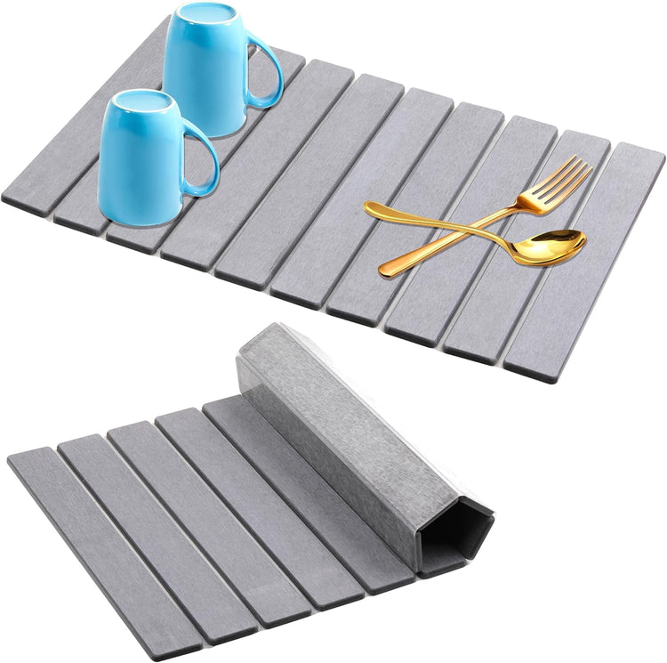 Quick Dry Collapsible Dish Drying Mat, Eco-Friendly Absorbent Diatomaceous Earth Mats for Dishes Bottles Cups 24"×16"Large Stone Dish Drying Mats for Kitchen Counter (Gray, 24"(L)×16"(W))