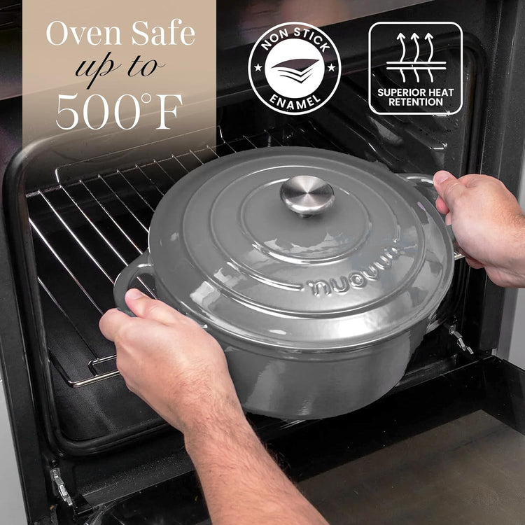 Nuovva Enamelled Cast Iron Dutch Oven Pot with Lid – 6.4 Quart Non Stick Casserole Pot – Heavy Duty & Oven Safe up to 500° F for Bread Baking, Braising, Stews, Roasting – 28cm Grey - Nestoria