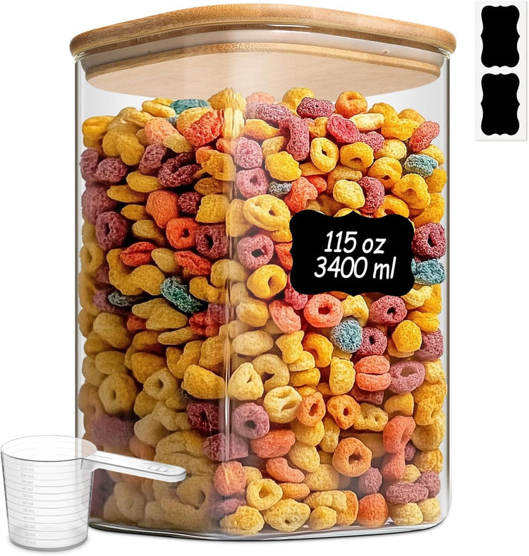 ComSaf 115 oz Glass Food Storage Containers, Cereal Storage Containers with Airtight Lids, Large Square Glass Jars with Bamboo Lids, for Rice, Pasta, Oats, Grains, Coffee Beans