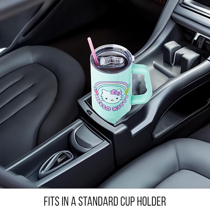 Silver Buffalo Sanrio Hello Kitty Kawaii Strawberry, Pineapple, and Rainbows Double Walled Stainless Steel Tumbler with Handle and Straw, Fits in Standard Cup Holder, 40 Ounces