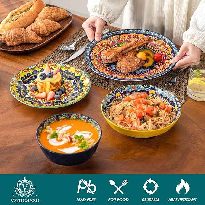 vancasso 16 Pieces Plates and Bowls Set, Bohemian Style Dinnerware Sets Service for 4, Porcelain Boho Dishes Set for Kitchen, Housewaring Gift, Dishwasher and Microwave Safe, Series KRVI