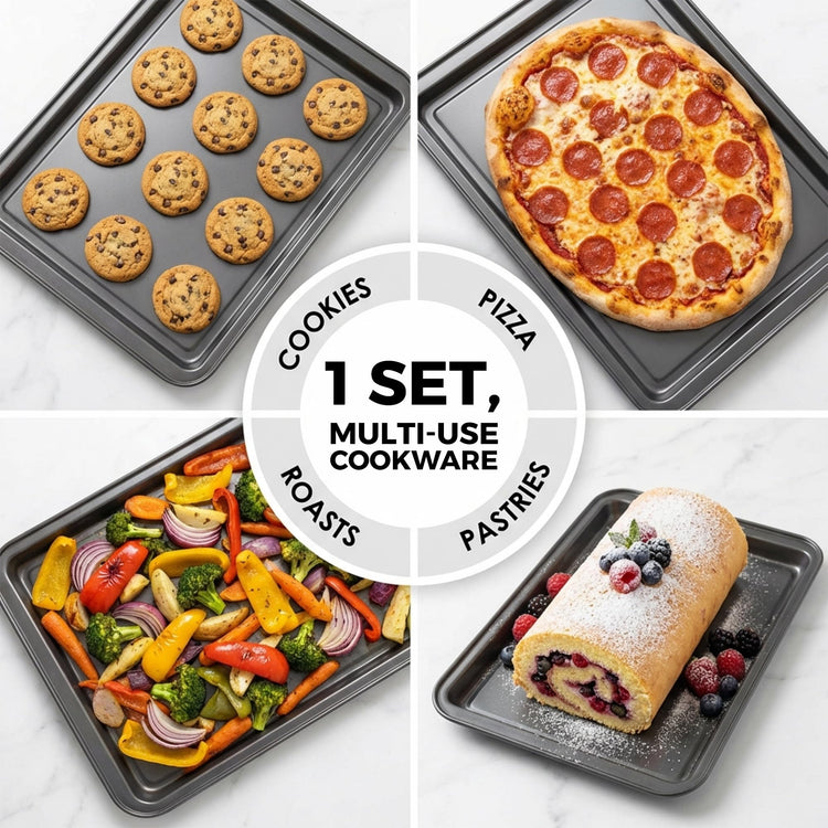 Non-Stick 3-Piece Baking Pan Set – Carbon Steel with Even Heat Distribution, Oven Safe to 446°F, BPA-Free, Dishwasher Safe, Stackable Baking Tools for Easy Storage and Everyday Cooking - Gray (3 Count)