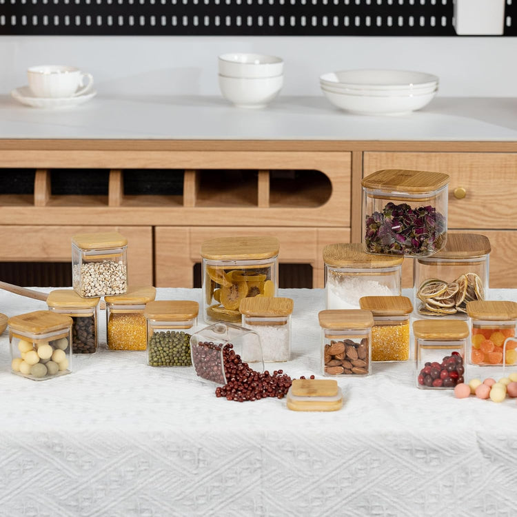 5oz Airtight Square Spice Containers with Bamboo Lid Set of 12 with Black Lables Storage Stackable Spice Jar, Kitchen Canister for Sugar, Tea, Flour, Salt and Seasonings (Clear Glass)