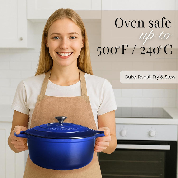 Nuovva Enamelled Cast Iron Dutch Oven Pot with Lid – 6.4 Quart Non Stick Casserole Pot – Heavy Duty & Oven Safe up to 500° F for Bread Baking, Braising, Stews, Roasting – 28cm Dark Blue - Nestoria