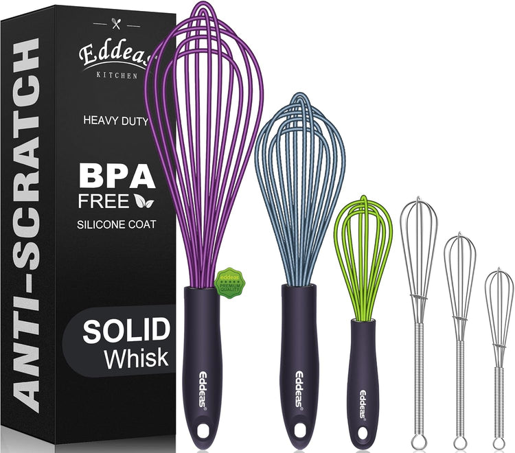 Whisk Eddeas Silicone Whisk Set of 6.Silicone whisks for cooking non Scratch.BPA Free and Dishwasher Whisk.7+9+11inch Colorful Wisk Great for cooking and Baking.(6pcs )