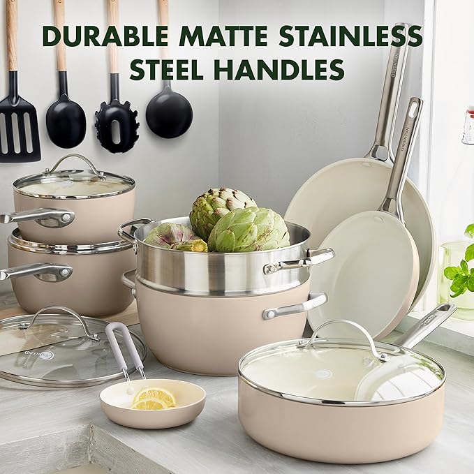 GreenPan Padova Hard Anodized Healthy Ceramic Nonstick 17 Piece Cookware Set, PFAS-Free, Induction, Dishwasher Safe, Oven Safe, Taupe
