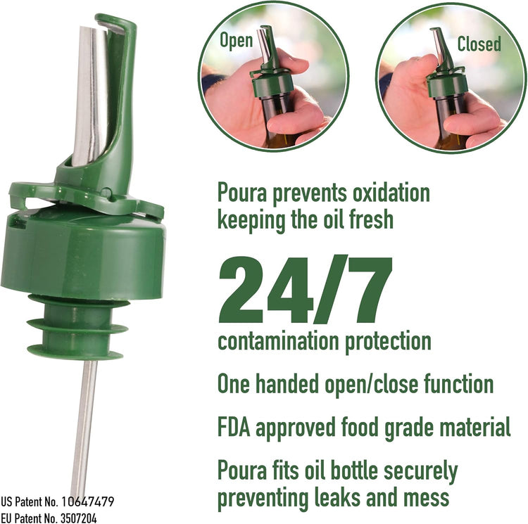 Poura Glass Olive Oil Bottle Drizzler with Pourer Spout - Hygienic Open and Close Pourer Prevents Oxidation Keeping Olive Oil Fresh - Includes Funnel for No Mess Or Wastage