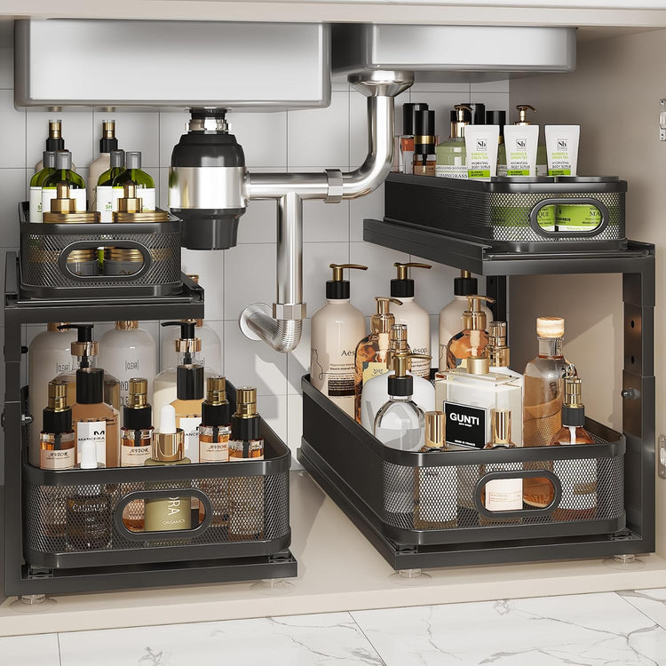 2 Pack 18.5IN-Depth Under Sink Organizer With Next-Gen Ball-Bearing Slides,2-Tier Precision Mesh Pull Out Cabinet Storage for Bathroom&Kitchen,Height Adjustable Drawers Shelf,Anti-rust-Black