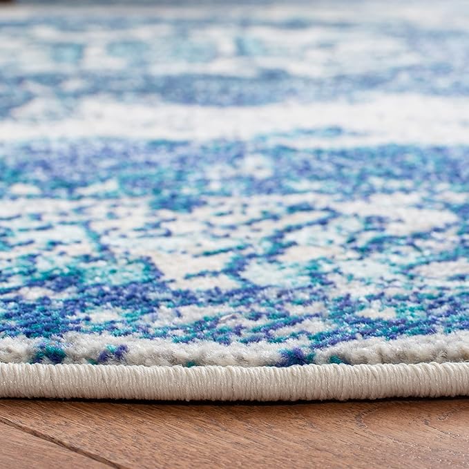 SAFAVIEH Monaco Collection Area Rug - 3' Round, Ivory & Blue, Non-Shedding & Easy to Clean, Distressed Medallion Design, Ideal for Living Room, Bedroom, Dining Space (MNC243A)