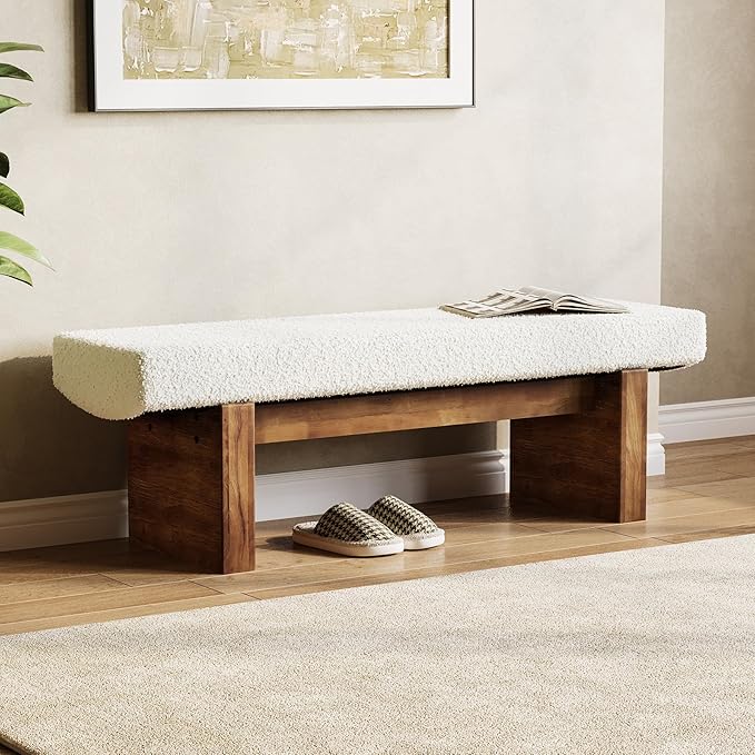 LITTLE TREE 55" Solid Wood Entryway Bench, Upholstered Bedroom Bench with Faux Lamb Wool, Dining Bench for Kitchen, Living Room, End of Bed, or Foyer (Warm White & Walnut)