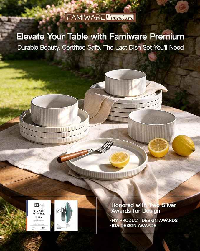 Stoneware Dinnerware Sets, Handcrafted Double Reactive Glaze Plates and Bowls for Everyday & Formal Dining, Microwave & Dishwasher Safe, Scratch Resistant Dishes for 4 (12-Piece), Matte Reactive White
