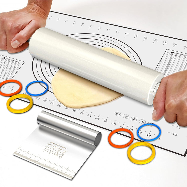 Marble Rolling Pin with Pastry Baking Mat and Stainless Steel Dough Cutter, 18.5â (Includes handle) Rolling Pin for Baking Cookie Crust Crisp Pizza with 3 Thickness Rings and Wood Stand