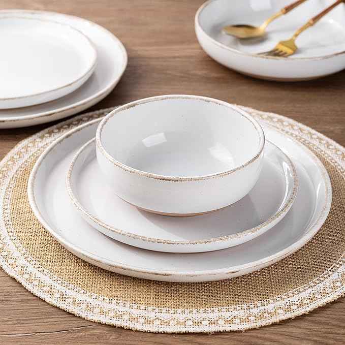 AmorArc Dinnerware Sets for 6, 18 Pieces Stoneware Plates and Bowls Set with Handbrush Rim, Scratch Resistant Dishes Set, Dishwasher & Microwave Safe, White