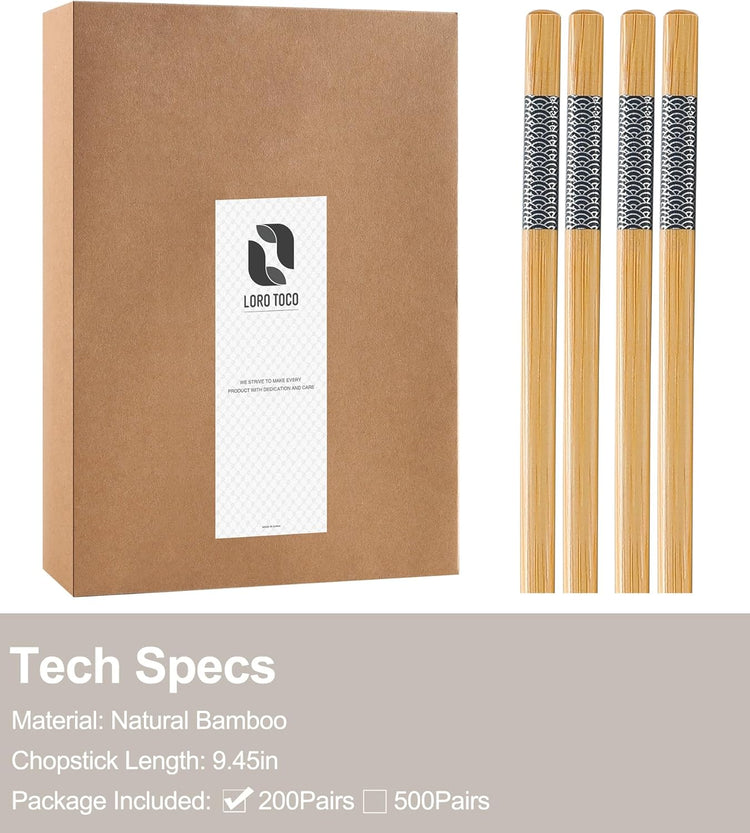 200 Pairs Bamboo Chopsticks Disposable | Reusable | Separated | Bulk | Chinese | -(9.45in)