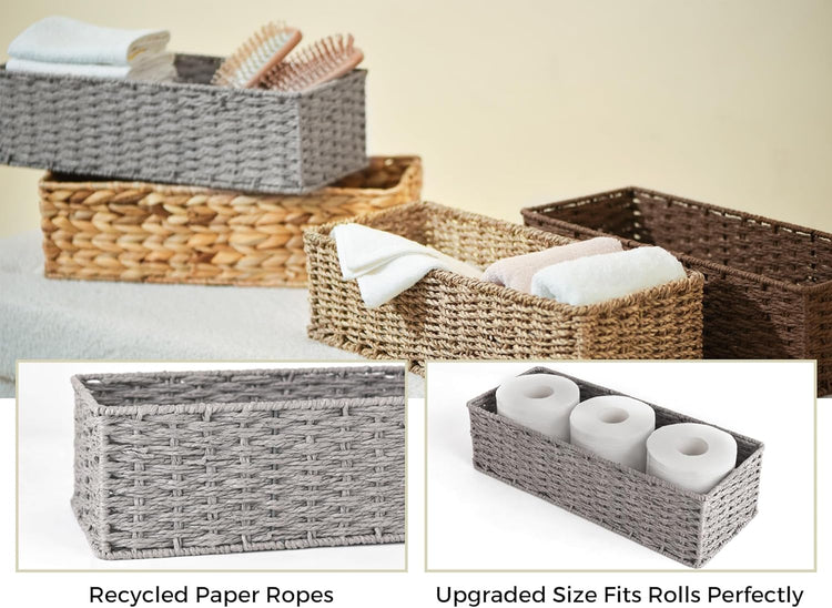 StorageWorks Round Paper Rope Toilet Tank Topper Basket, Wicker Basket for Bathroom, Gray, 2-Pack