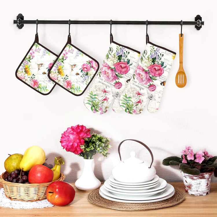 Vintage Flower Oven Mitts and Pot Holders Sets 4Pcs, 100% Cotton Heat Resistant, Extra Long Oven Gloves Potholder for Kitchen Cooking Baking Decoration