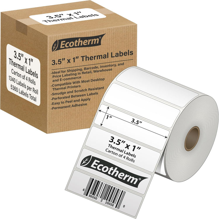 3.5" x 1" Thermal Labels | 4 Rolls | 5360 Labels | fits Zebra, Munbyn, Rollo, Godex, Arkscan, iDPRT, Offnova Thermal Label Printers and More | Blank White Adhesive Stickers by Ecotherm