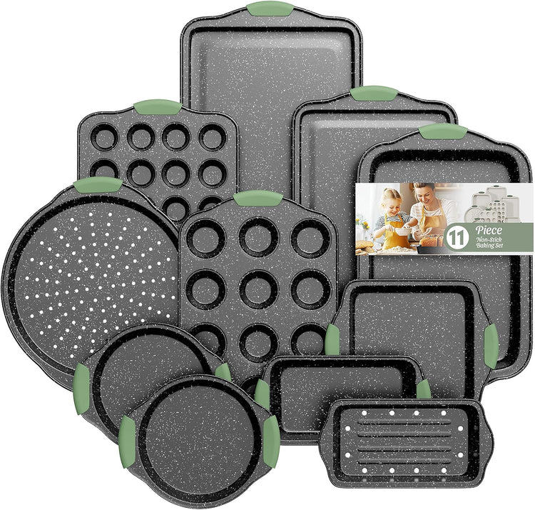 11-Piece Nonstick Bakeware Set, Stackable & Oven-Safe Kitchen Baking Pans with Silicone Handles - Includes Cookie Sheet, Cake Pan, Muffin Tin, Pizza Stone & Bread Loaf Pan, Dark Green&Black
