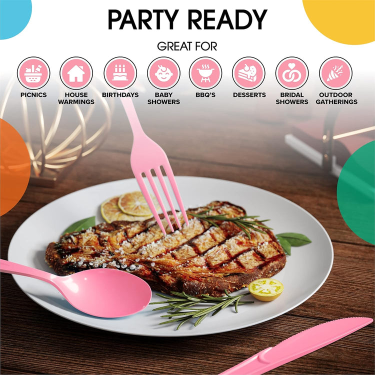Party Solids Pink Plastic Spoons - 200 Pcs Heavy Duty Disposable Cutlery Set