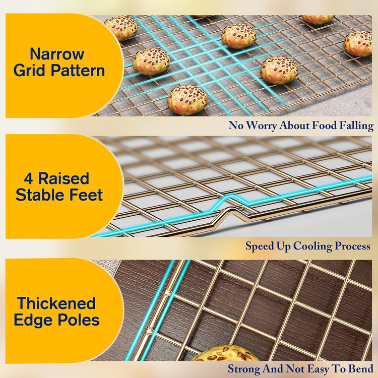 2PCS Cooling Racks for Cooking and Baking - 10" x 16"Heavy Duty Stainless Steel Wire Rack for Baking, Grilling, Roasting - Oven & Dishwasher Safe - Fits Half Sheet Pan(Gold)