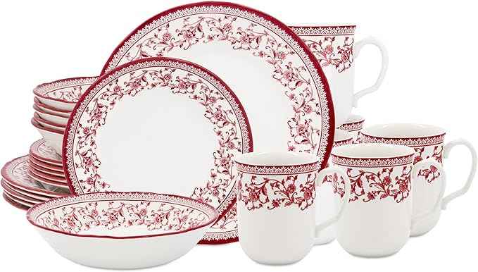 Tudor Royal 24-Piece Round Dinnerware Set, Service for 6, Aster Pink Design, Red Floral, Plates Bowls Mugs Dishes, High Gloss Premium Quality